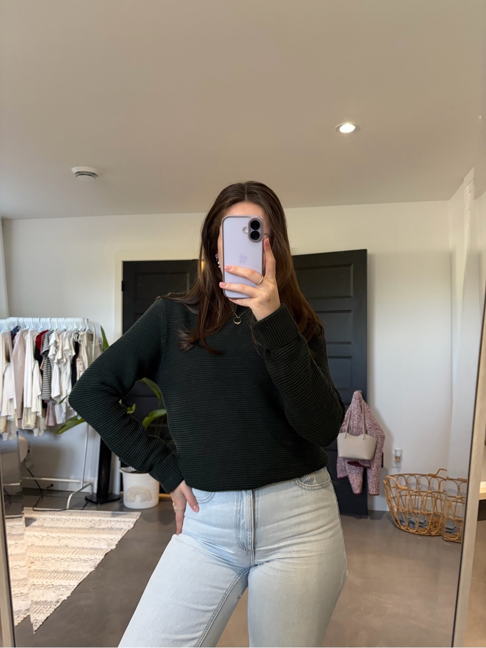 Pull à col rond côtelé vert foncé H&M - femme